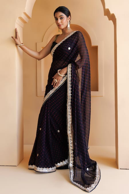 Geroo Jaipur_Black Georgette Gota Patti, Leheriya Mothra Saree With Unstitched Blouse Piece _Online_at_Aza_Fashions