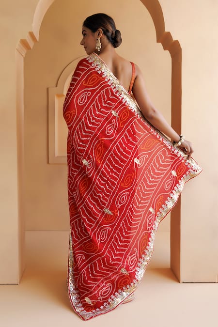 Shop Geroo Jaipur Red Georgette Gota Patti Bandhani Saree With Unstitched Blouse Piece at Aza Fashions Shop_Geroo Jaipur_Red Georgette Gota Patti Bandhani Saree With Unstitched Blouse Piece_at_Aza_Fashions