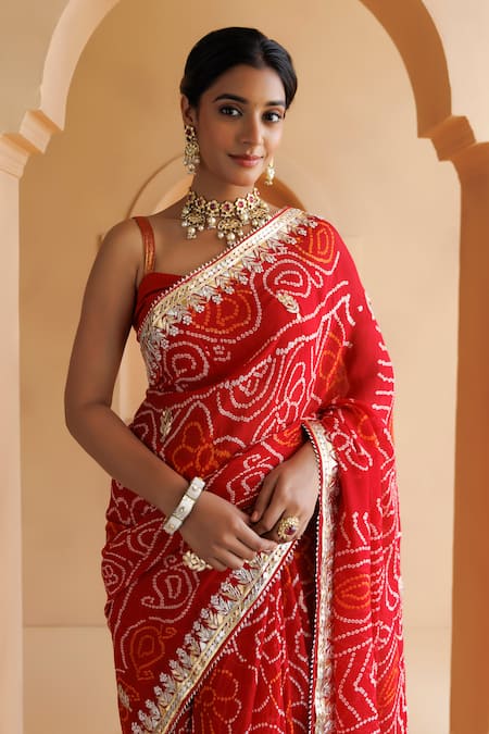 Geroo Jaipur Red Georgette Gota Patti Bandhani Saree With Unstitched Blouse Piece Online at Aza Fashions Geroo Jaipur_Red Georgette Gota Patti Bandhani Saree With Unstitched Blouse Piece_Online_at_Aza_Fashions