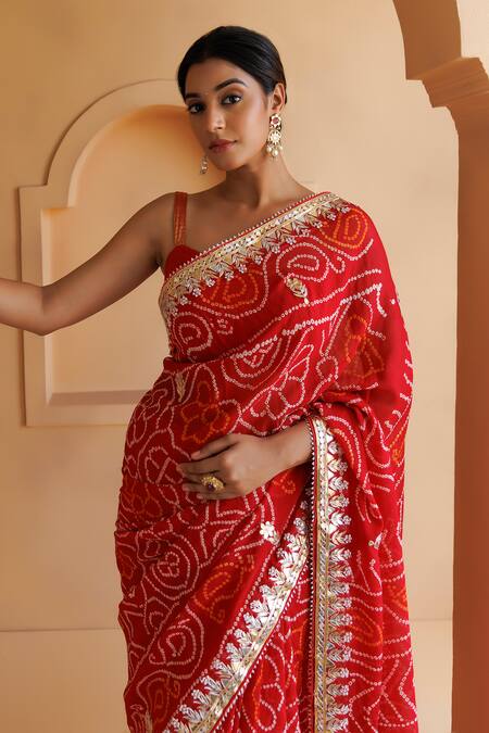 Shop Geroo Jaipur Red Georgette Gota Patti Bandhani Saree With Unstitched Blouse Piece Online at Aza Fashions Shop_Geroo Jaipur_Red Georgette Gota Patti Bandhani Saree With Unstitched Blouse Piece_Online_at_Aza_Fashions