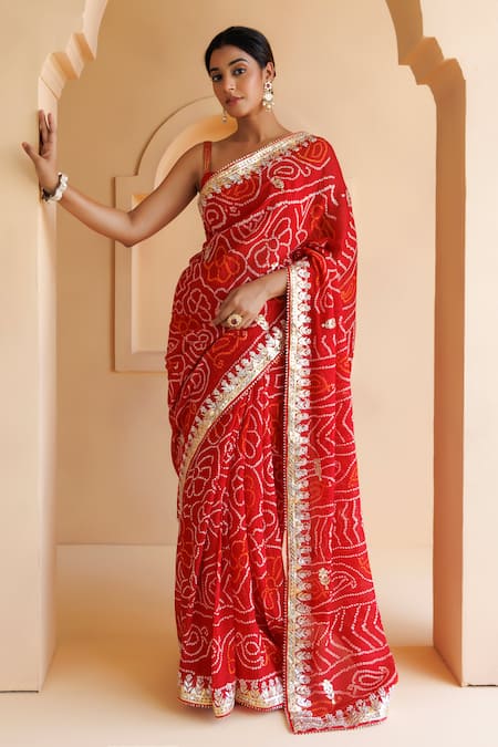 Geroo Jaipur Red Georgette Gota Patti Bandhani Saree With Unstitched Blouse Piece at Aza Fashions Geroo Jaipur_Red Georgette Gota Patti Bandhani Saree With Unstitched Blouse Piece_at_Aza_Fashions