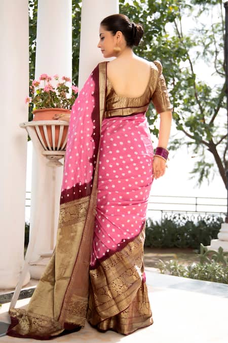 Shop Geroo Jaipur Pink Modal, Silk Zari Border Saree With Unstitched Blouse Piece at Aza Fashions Shop_Geroo Jaipur_Pink Modal, Silk Zari Border Saree With Unstitched Blouse Piece_at_Aza_Fashions