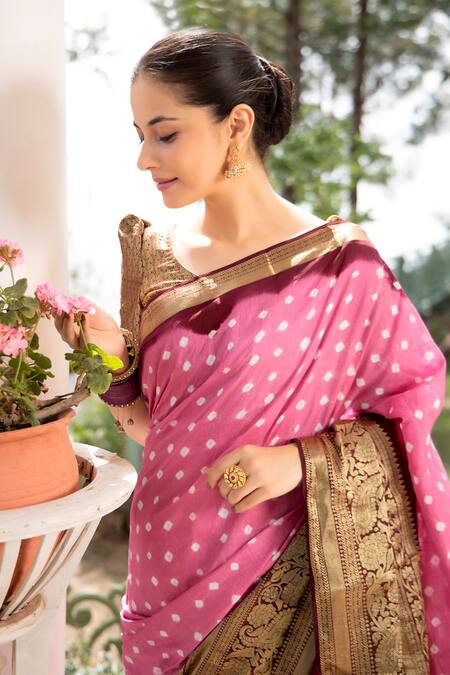 Buy Geroo Jaipur Pink Modal, Silk Zari Border Saree With Unstitched Blouse Piece Online at Aza Fashions Buy_Geroo Jaipur_Pink Modal, Silk Zari Border Saree With Unstitched Blouse Piece_Online_at_Aza_Fashions