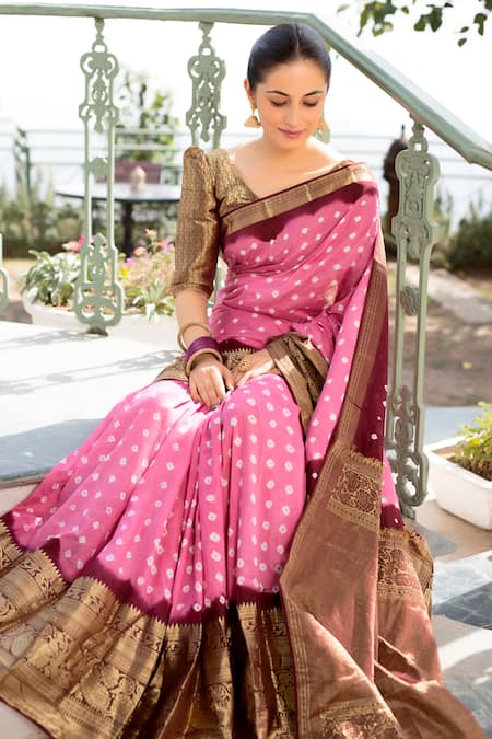 Shop Geroo Jaipur Pink Modal, Silk Zari Border Saree With Unstitched Blouse Piece Online at Aza Fashions Shop_Geroo Jaipur_Pink Modal, Silk Zari Border Saree With Unstitched Blouse Piece_Online_at_Aza_Fashions