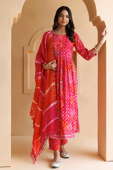 Shop_Geroo Jaipur_Pink Cotton, Rayon, Silk Embroidery Split V-neck Thread Work Kurta Pant Set_Online_at_Aza_Fashions