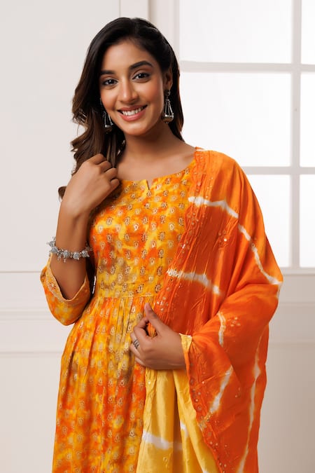 Shop_Geroo Jaipur_Yellow Cotton, Silk, Rayon Embroidery Split V-neck Kurta Pant Set _Online_at_Aza_Fashions