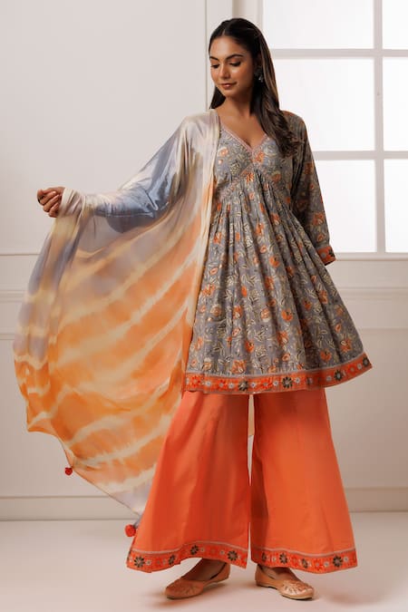 Geroo Jaipur_Grey Modal, Chanderi, Cotton, Organza Embroidery, Floral Print Kurta Palazzo Set _Online_at_Aza_Fashions