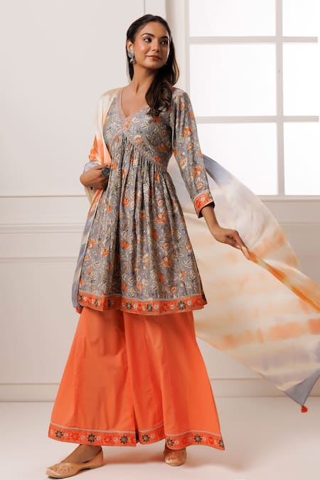 Buy_Geroo Jaipur_Grey Modal, Chanderi, Cotton, Organza Embroidery, Floral Print Kurta Palazzo Set _Online_at_Aza_Fashions