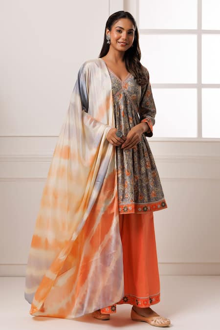 Shop_Geroo Jaipur_Grey Modal, Chanderi, Cotton, Organza Embroidery, Floral Print Kurta Palazzo Set _Online_at_Aza_Fashions