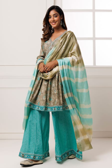 Geroo Jaipur_Grey Modal, Chanderi, Cotton, Organza Lace, Floral Pattern Kurta Palazzo Set _Online_at_Aza_Fashions