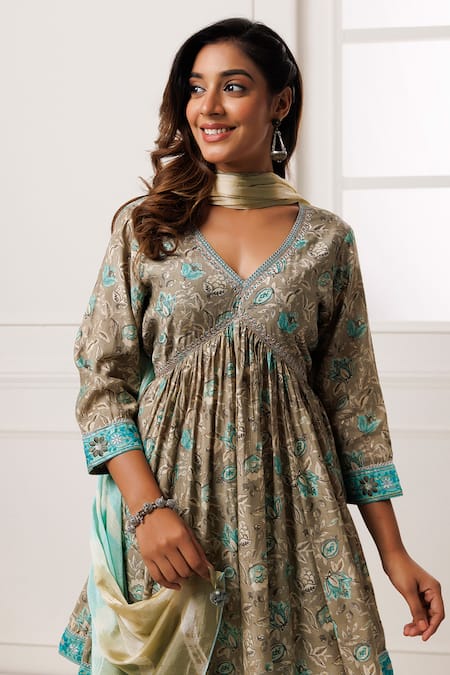 Buy_Geroo Jaipur_Grey Modal, Chanderi, Cotton, Organza Lace, Floral Pattern Kurta Palazzo Set _Online_at_Aza_Fashions