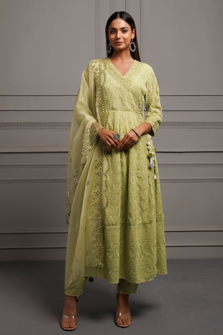 Geroo Jaipur Green Georgette, Organza Sequins, Chikankari Angrakha Anarkali Pant Set Online at Aza Fashions Geroo Jaipur_Green Georgette, Organza Sequins, Chikankari Angrakha Anarkali Pant Set _Online_at_Aza_Fashions