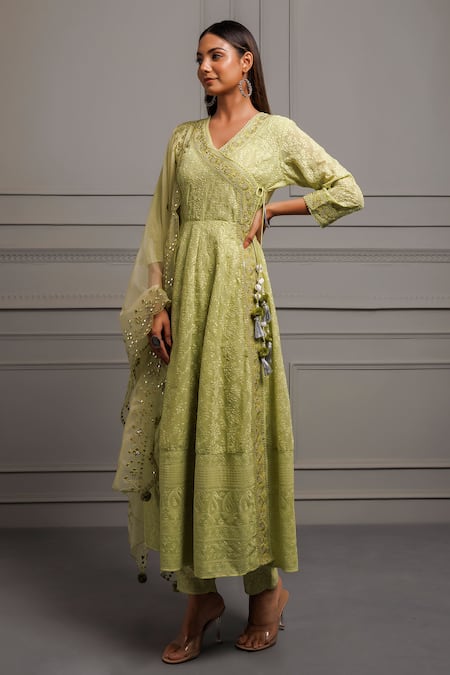 Buy Geroo Jaipur Green Georgette, Organza Sequins, Chikankari Angrakha Anarkali Pant Set Online at Aza Fashions Buy_Geroo Jaipur_Green Georgette, Organza Sequins, Chikankari Angrakha Anarkali Pant Set _Online_at_Aza_Fashions