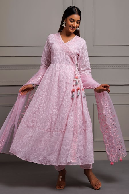 Geroo Jaipur_Pink Georgette, Organza Embroidery, Chikankari Work Angrakha Anarkali Pant Set _Online_at_Aza_Fashions