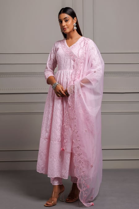 Buy_Geroo Jaipur_Pink Georgette, Organza Embroidery, Chikankari Work Angrakha Anarkali Pant Set _Online_at_Aza_Fashions