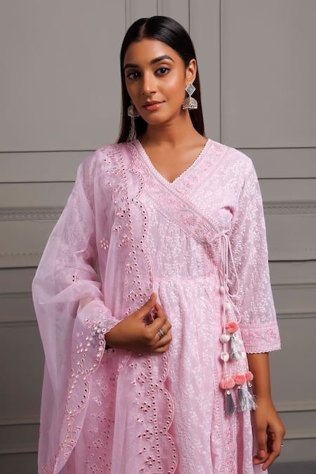 Shop_Geroo Jaipur_Pink Georgette, Organza Embroidery, Chikankari Work Angrakha Anarkali Pant Set _Online_at_Aza_Fashions