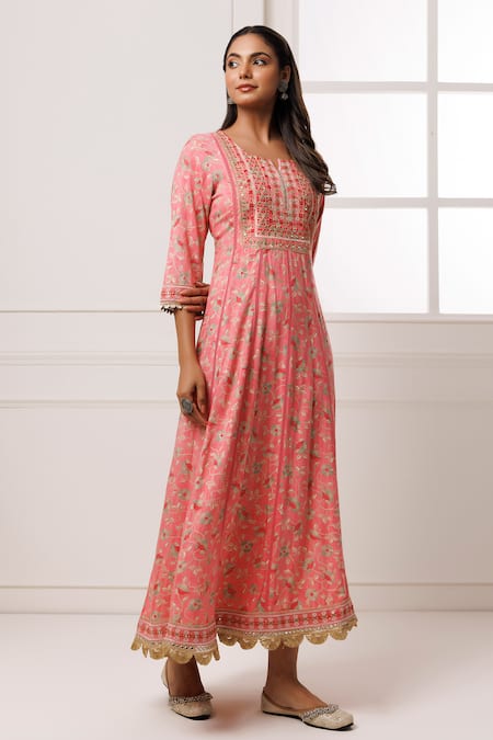Geroo Jaipur_Pink Cotton, Rayon Embroidery, Mirrors, Sequins Botanical Print Anarkali _Online_at_Aza_Fashions