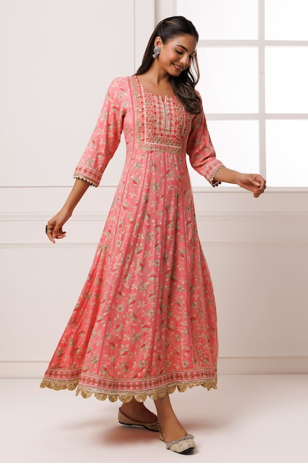 Buy_Geroo Jaipur_Pink Cotton, Rayon Embroidery, Mirrors, Sequins Botanical Print Anarkali _Online_at_Aza_Fashions