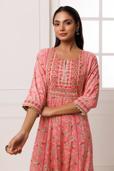 Shop_Geroo Jaipur_Pink Cotton, Rayon Embroidery, Mirrors, Sequins Botanical Print Anarkali _Online_at_Aza_Fashions