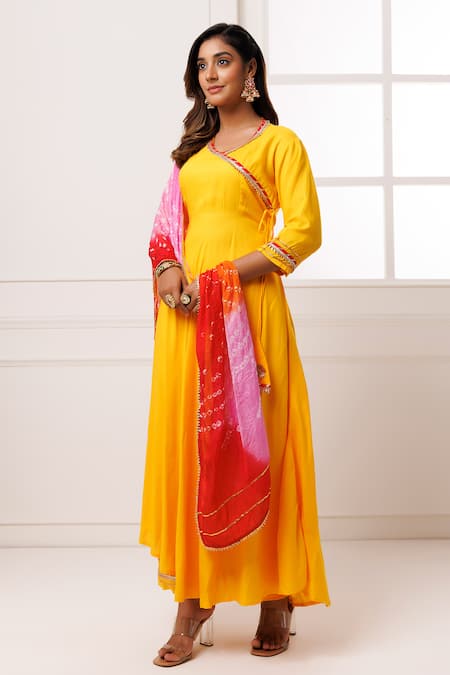 Geroo Jaipur_Yellow Rayon, Silk Embroidery, Gota Patti Round Neckline Angrakha Anarkali Set _Online_at_Aza_Fashions