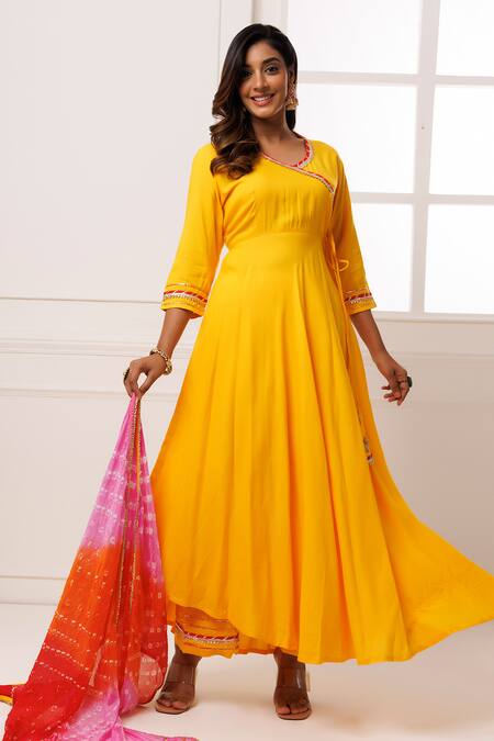 Buy_Geroo Jaipur_Yellow Rayon, Silk Embroidery, Gota Patti Round Neckline Angrakha Anarkali Set _Online_at_Aza_Fashions