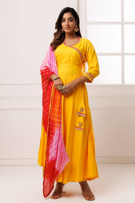 Geroo Jaipur_Yellow Rayon, Silk Embroidery, Gota Patti Round Neckline Angrakha Anarkali Set _at_Aza_Fashions