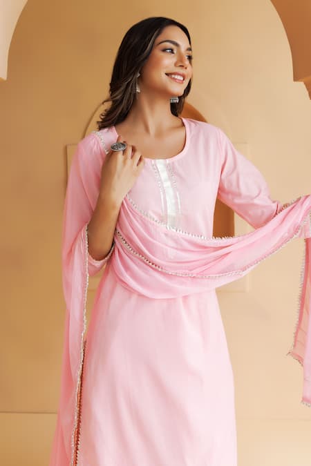 Shop_Geroo Jaipur_Pink Cotton, Chiffon Gota Patti, Cut Work Round Sleeve Embroidered Kurta Set _Online_at_Aza_Fashions
