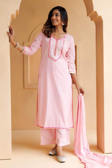 Geroo Jaipur Pink Cotton, Chiffon Cut Work, Gota Patti Yoke Embroidered Kurta Palazzo Set Online at Aza Fashions Geroo Jaipur_Pink Cotton, Chiffon Cut Work, Gota Patti Yoke Embroidered Kurta Palazzo Set _Online_at_Aza_Fashions
