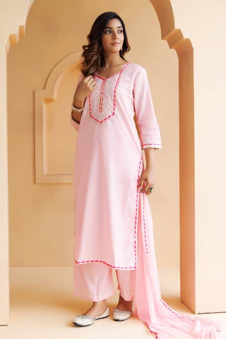 Buy Geroo Jaipur Pink Cotton, Chiffon Cut Work, Gota Patti Yoke Embroidered Kurta Palazzo Set Online at Aza Fashions Buy_Geroo Jaipur_Pink Cotton, Chiffon Cut Work, Gota Patti Yoke Embroidered Kurta Palazzo Set _Online_at_Aza_Fashions