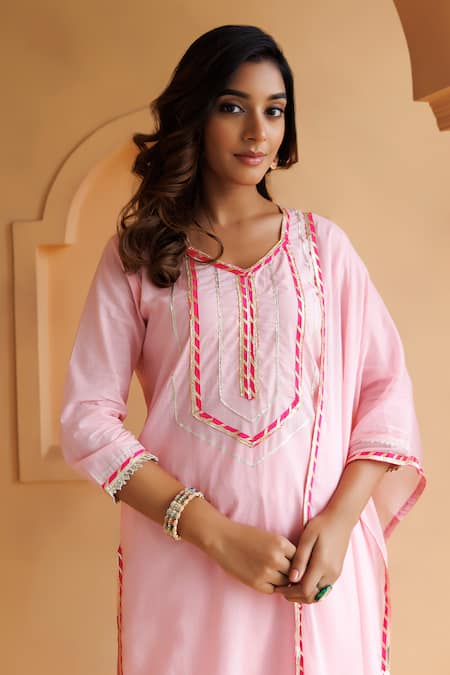 Shop Geroo Jaipur Pink Cotton, Chiffon Cut Work, Gota Patti Yoke Embroidered Kurta Palazzo Set Online at Aza Fashions Shop_Geroo Jaipur_Pink Cotton, Chiffon Cut Work, Gota Patti Yoke Embroidered Kurta Palazzo Set _Online_at_Aza_Fashions