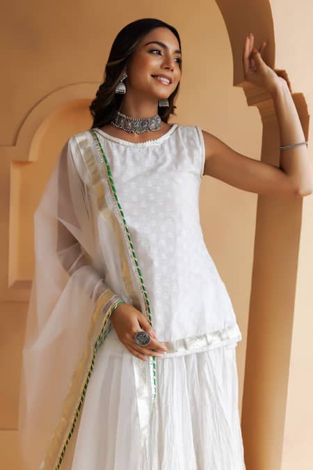 Shop_Geroo Jaipur_White Cotton, Organza Gota Patti, Embroidery Round Border Embellished Skirt Set _Online_at_Aza_Fashions