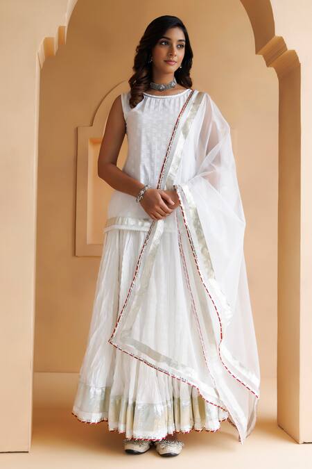 Shop_Geroo Jaipur_White Cotton, Organza Gota Patti, Embroidery Round Neck Floral Kurta Skirt Set _Online_at_Aza_Fashions