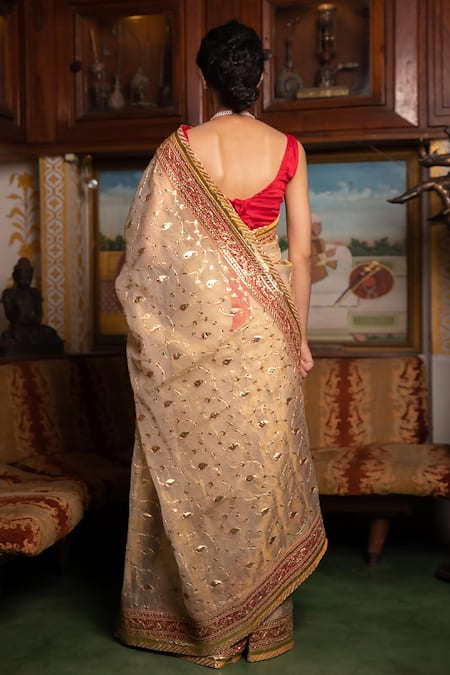 Shop Geroo Jaipur Gold Kota Doria, Brocade Jaal Embroidered Saree With Unstitched Blouse Piece at Aza Fashions Shop_Geroo Jaipur_Gold Kota Doria, Brocade Jaal Embroidered Saree With Unstitched Blouse Piece _at_Aza_Fashions
