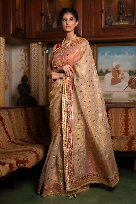 Geroo Jaipur Gold Kota Doria, Brocade Jaal Embroidered Saree With Unstitched Blouse Piece Online at Aza Fashions Geroo Jaipur_Gold Kota Doria, Brocade Jaal Embroidered Saree With Unstitched Blouse Piece _Online_at_Aza_Fashions