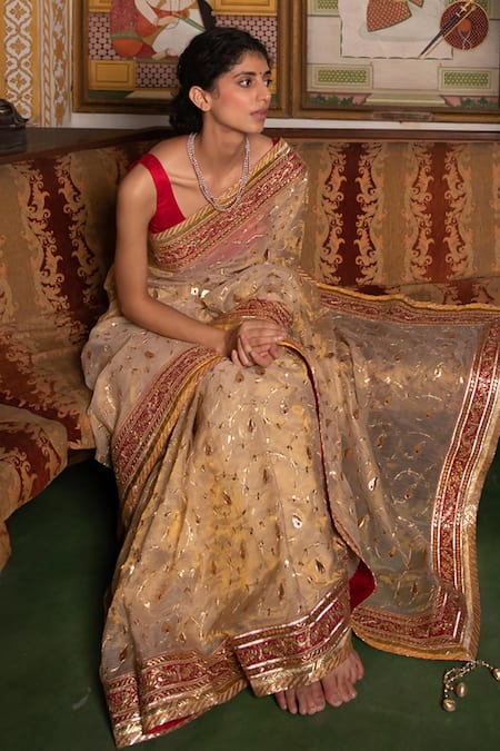 Buy Geroo Jaipur Gold Kota Doria, Brocade Jaal Embroidered Saree With Unstitched Blouse Piece Online at Aza Fashions Buy_Geroo Jaipur_Gold Kota Doria, Brocade Jaal Embroidered Saree With Unstitched Blouse Piece _Online_at_Aza_Fashions