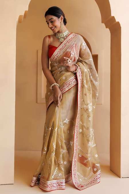 Geroo Jaipur_Beige Kota Doria, Brocade Floral Jaal Saree With Unstitched Blouse Piece_Online_at_Aza_Fashions