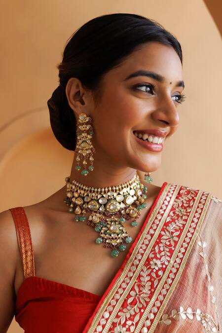 Shop_Geroo Jaipur_Beige Kota Doria, Brocade Floral Jaal Saree With Unstitched Blouse Piece_Online_at_Aza_Fashions