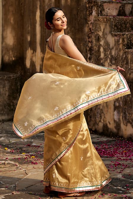 Shop Geroo Jaipur Gold Brocade, Tissue Embroidery Gota Saree With Unstitched Blouse Piece at Aza Fashions Shop_Geroo Jaipur_Gold Brocade, Tissue Embroidery Gota Saree With Unstitched Blouse Piece _at_Aza_Fashions