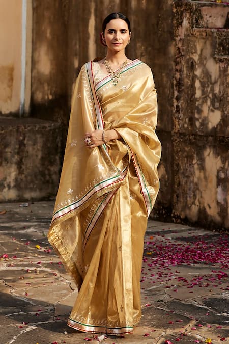Buy Geroo Jaipur Gold Brocade, Tissue Embroidery Gota Saree With Unstitched Blouse Piece Online at Aza Fashions Buy_Geroo Jaipur_Gold Brocade, Tissue Embroidery Gota Saree With Unstitched Blouse Piece _Online_at_Aza_Fashions