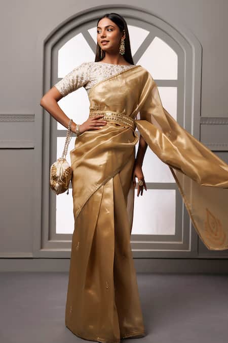 Shop_Geroo Jaipur_Beige Brocade, Floral Placement Embroidered Saree With Unstitched Blouse Piece _Online_at_Aza_Fashions