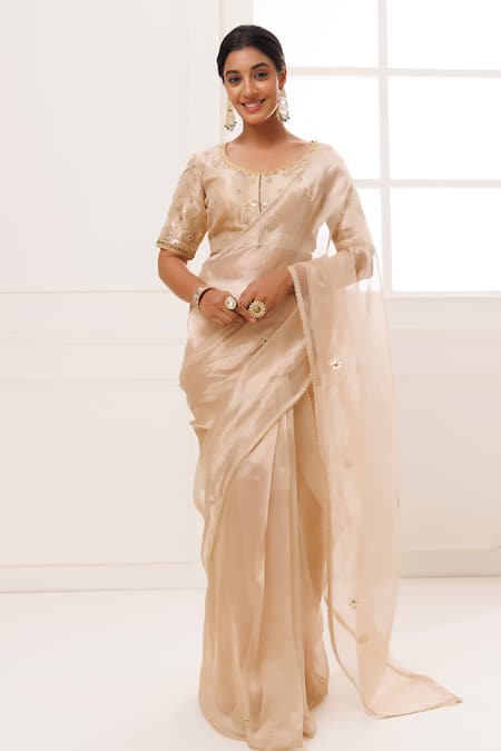 Geroo Jaipur Floral Gota Embroidered Saree With Unstitched Blouse Piece 