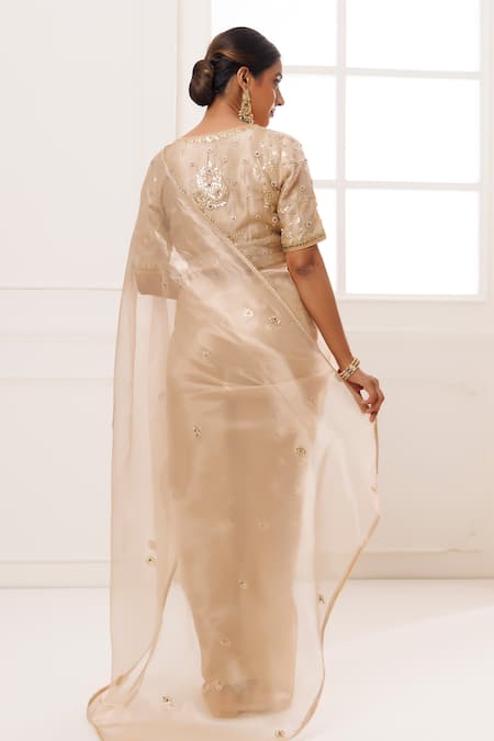 Geroo Jaipur Floral Gota Embroidered Saree With Unstitched Blouse Piece 