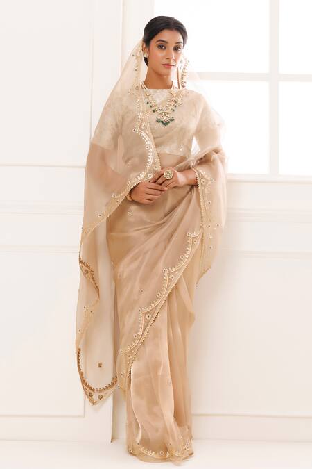 Geroo Jaipur Beige Tissue, Brocade Floral Embroidered Saree With Unstitched Blouse Piece Online at Aza Fashions Geroo Jaipur_Beige Tissue, Brocade Floral Embroidered Saree With Unstitched Blouse Piece _Online_at_Aza_Fashions