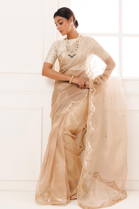 Buy Geroo Jaipur Beige Tissue, Brocade Floral Embroidered Saree With Unstitched Blouse Piece Online at Aza Fashions Buy_Geroo Jaipur_Beige Tissue, Brocade Floral Embroidered Saree With Unstitched Blouse Piece _Online_at_Aza_Fashions