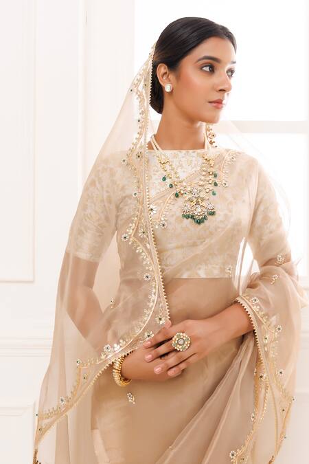 Shop Geroo Jaipur Beige Tissue, Brocade Floral Embroidered Saree With Unstitched Blouse Piece Online at Aza Fashions Shop_Geroo Jaipur_Beige Tissue, Brocade Floral Embroidered Saree With Unstitched Blouse Piece _Online_at_Aza_Fashions