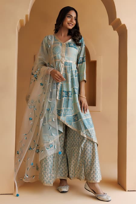 Geroo Jaipur Blue Kurta-pant Modal Chanderidupatta - Border Embroidered Kurta Pant Set 