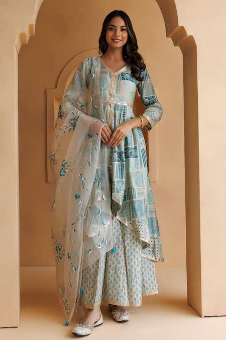 Shop_Geroo Jaipur_Blue Modal, Chanderi, Organza Embroidery, Sequins V-neck Border Kurta Pant Set _Online_at_Aza_Fashions