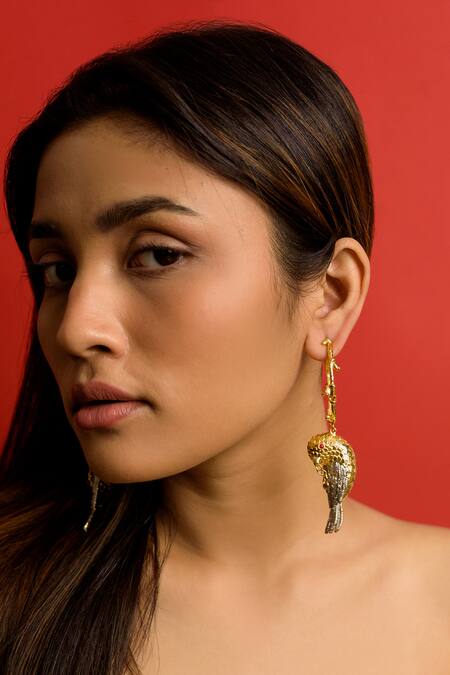 Shop Trupti Mohta Yellow Bird Carved Earrings at Aza Fashions Shop_Trupti Mohta_Yellow Bird Carved Earrings _at_Aza_Fashions