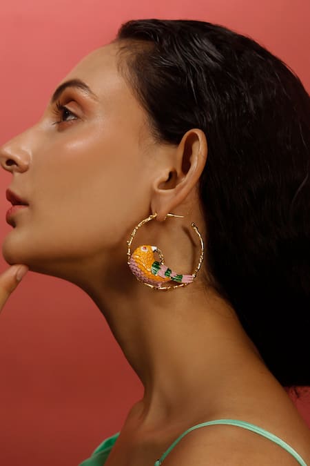 Trupti Mohta_Multi Color Beads Carved Parrot Hoops _Online_at_Aza_Fashions