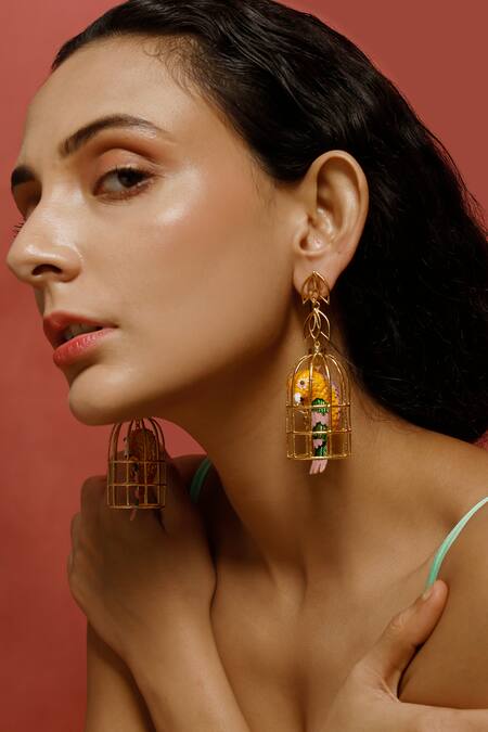 Shop_Trupti Mohta_Multi Color Caged Bird Earrings _at_Aza_Fashions